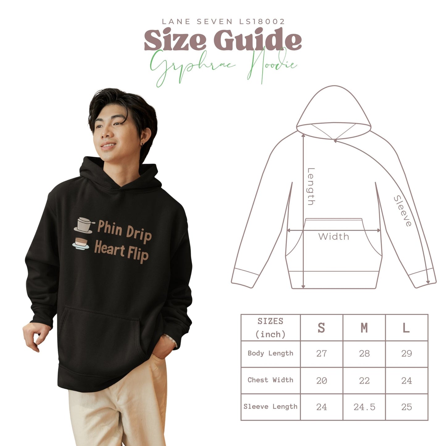 A guy in a black graphic hoodie with “Phin Drip Heart Flip” text, next to illustrated size guide showing hoodie measurements.