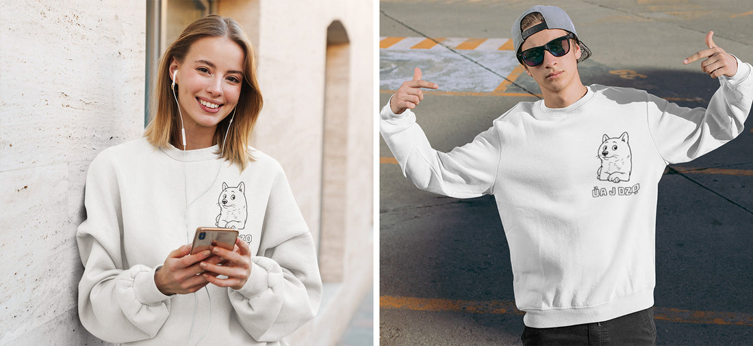A woman and a man wearing Ua J Dzo white crewneck