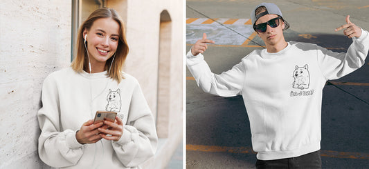 A woman and a man wearing Ua J Dzo white crewneck