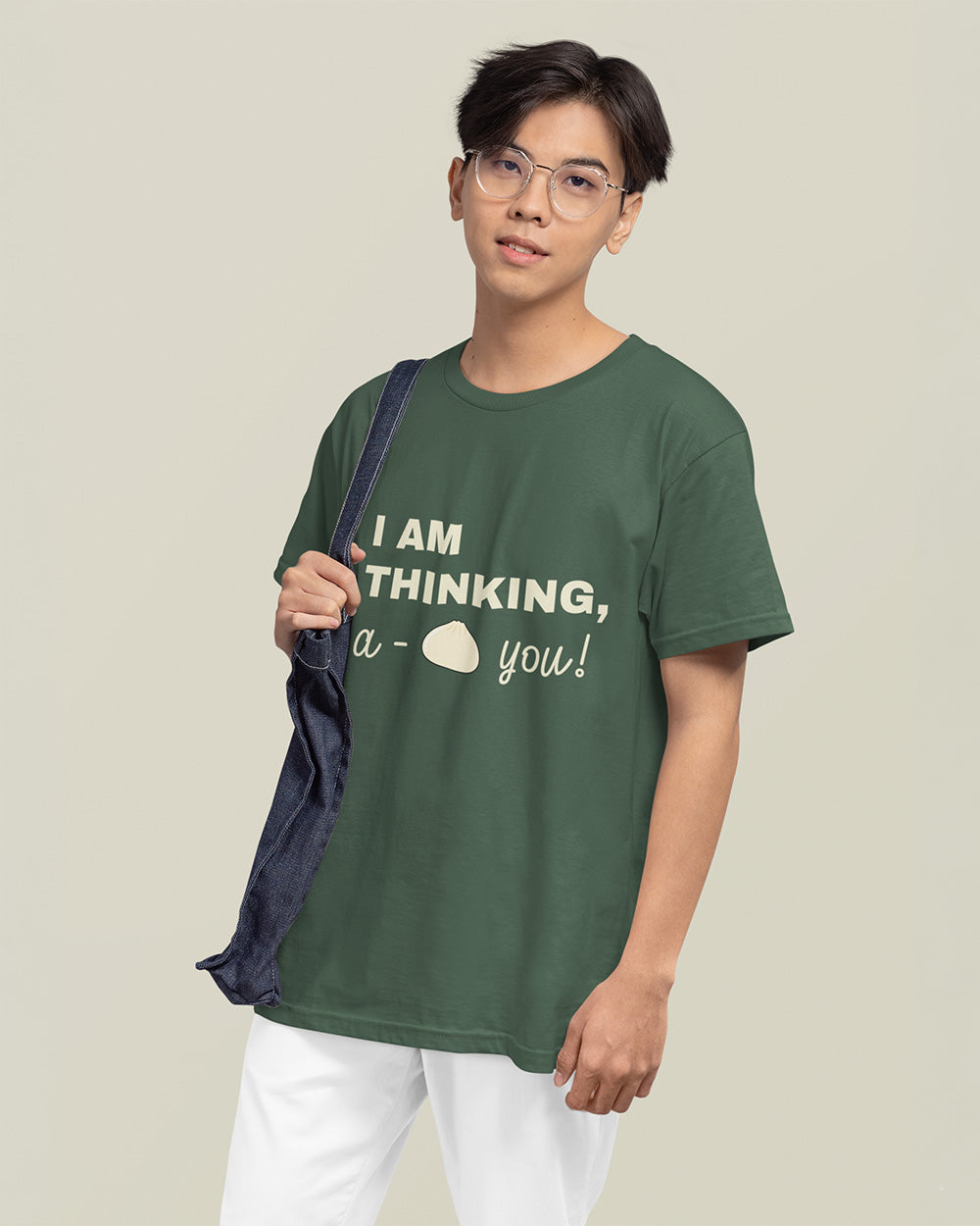 Male model showing relaxed fit blue spruce kawaii food graphic t-shirt for modern teen and young adult streetwear.