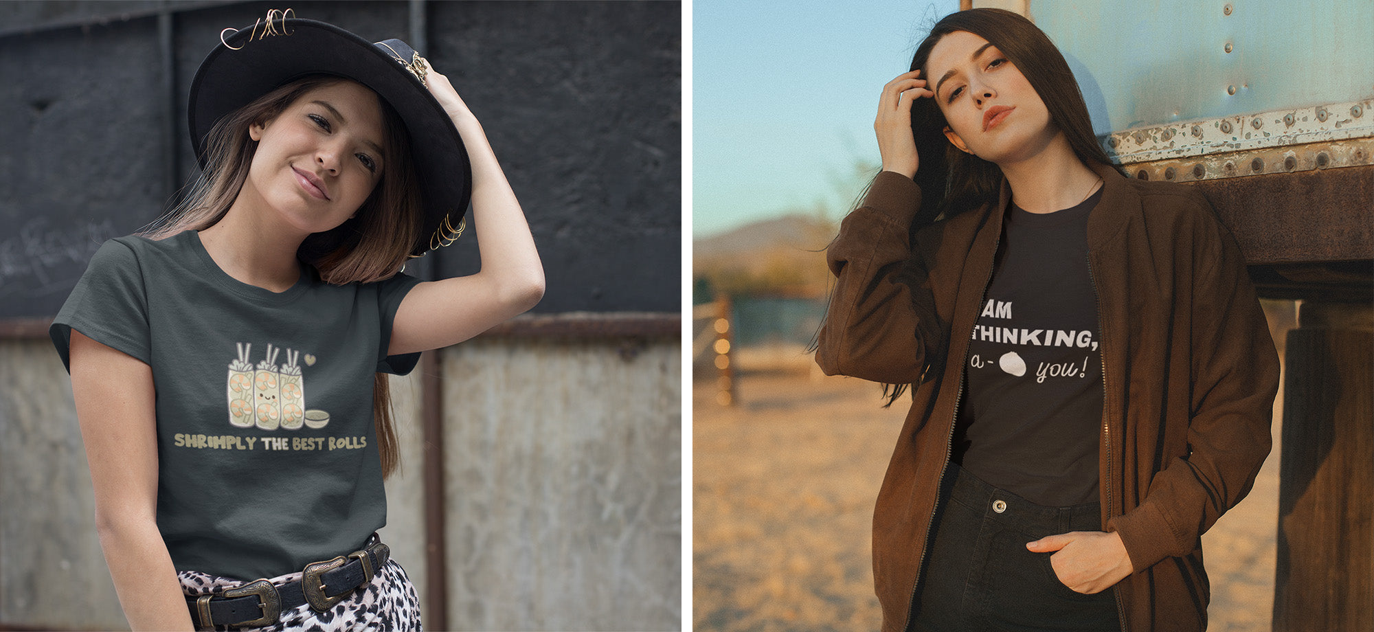 Two young women modeling cute and funny graphic T-shirts from a small online apparel shop. The first model wears a blue spruce T-shirt with adorable shrimp spring roll illustrations and the playful phrase “Shrimply the Best Rolls.” The second model wears a black T-shirt printed with the pun “I Am Thinking, A-Bao You” featuring a bao bun graphic. Both styles highlight cozy, minimalist streetwear perfect for teens and young adults who love kawaii, food-themed fashion.