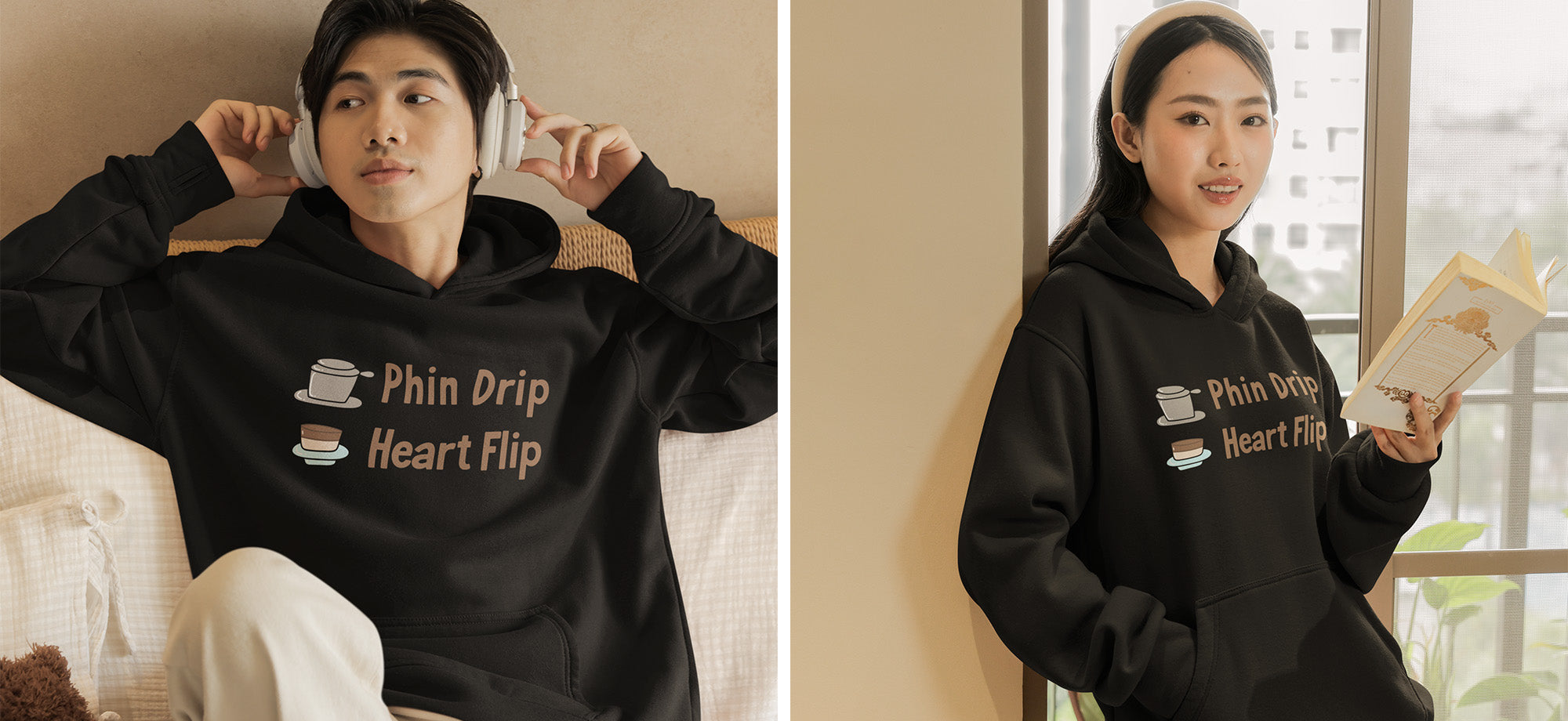 Two young adults wearing matching black hoodies from a small online apparel brand. Both hoodies feature the cute Vietnamese coffee pun “Phin Drip Heart Flip” with minimalist phin drip and coffee cup graphics. The first model lounges with headphones, while the second model stands by a window reading a book. The cozy, aesthetic design reflects chill vibes and modern streetwear style for teens and young adults who love cute, coffee-inspired fashion.