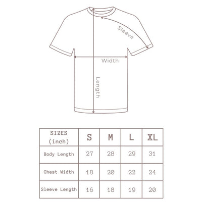 Minimal t-shirt size chart showing body length, chest width, and sleeve length measurements for cute unisex graphic tees for teens and young adults.