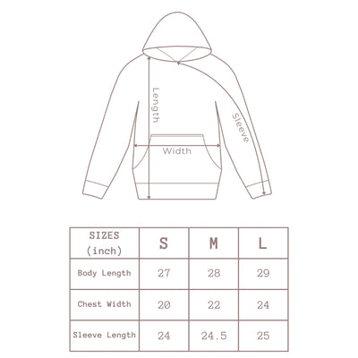 Hoodie size guide chart showing body length, chest width, and sleeve length measurements in inches for sizes S, M, and L for cozy unisex hoodies and trendy teen streetwear fashion.
