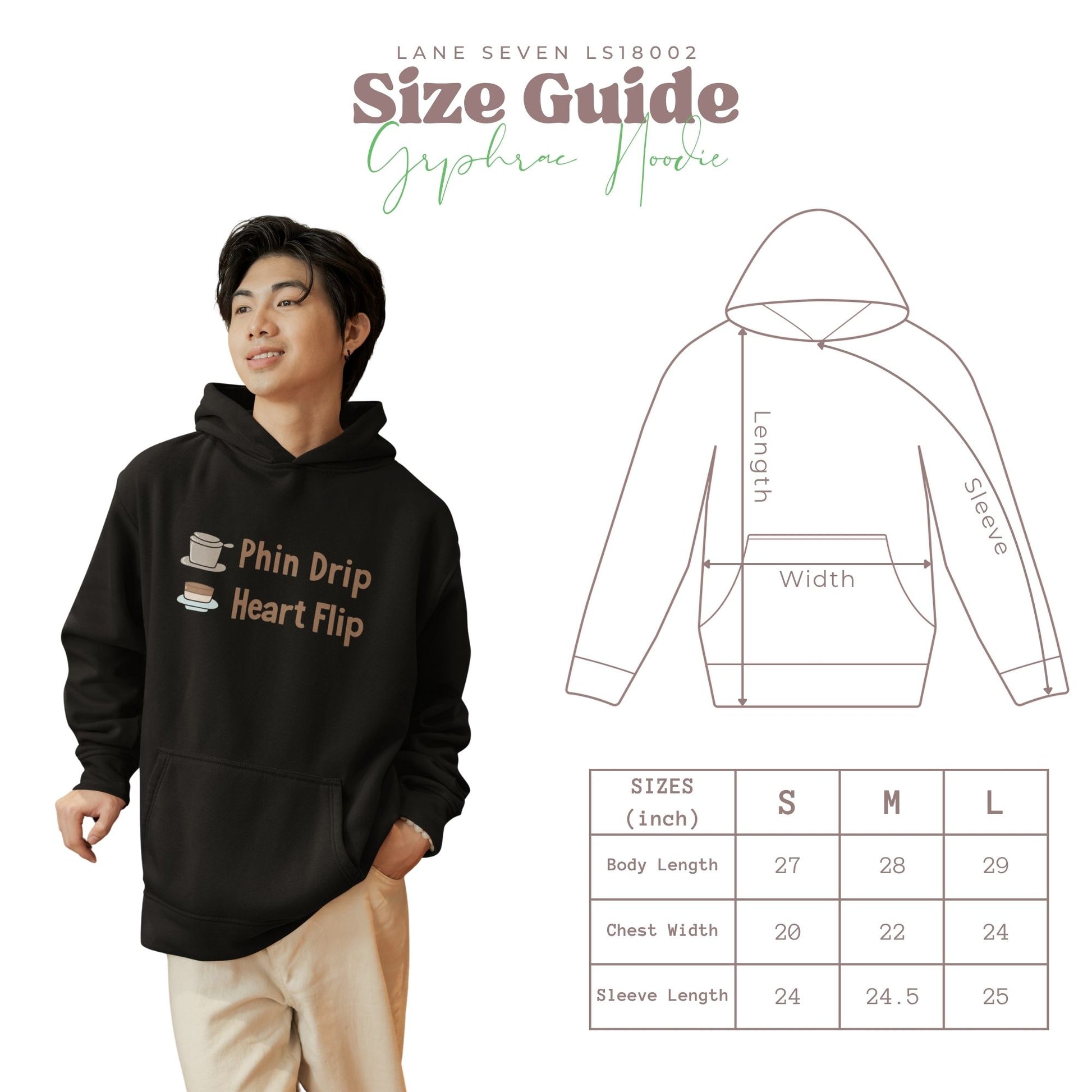 A guy in a black graphic hoodie with “Phin Drip Heart Flip” text, next to illustrated size guide showing hoodie measurements.