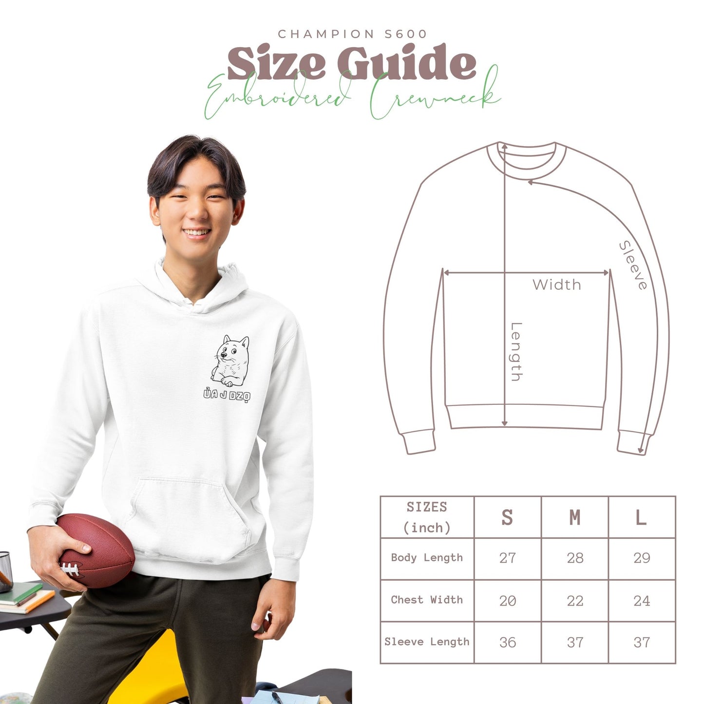 Size guide for Champion sweatshirt with a person wearing the sweatshirt holding a football.