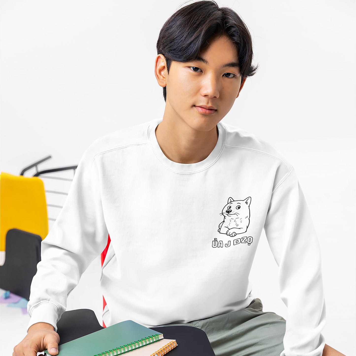 A guy wearing a white sweatshirt with a logo, sitting in a casual setting.