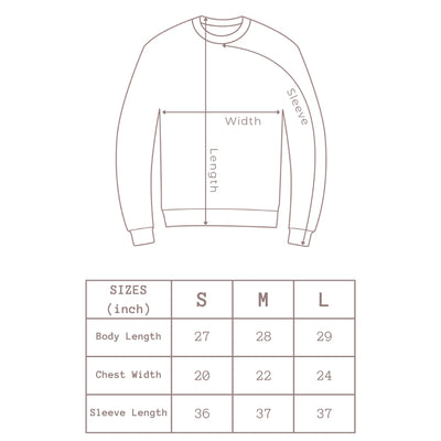 Crewneck sweatshirt size guide chart showing body length, chest width, and sleeve length measurements in inches for sizes S, M, and L for cozy unisex streetwear and casual teen fashion.