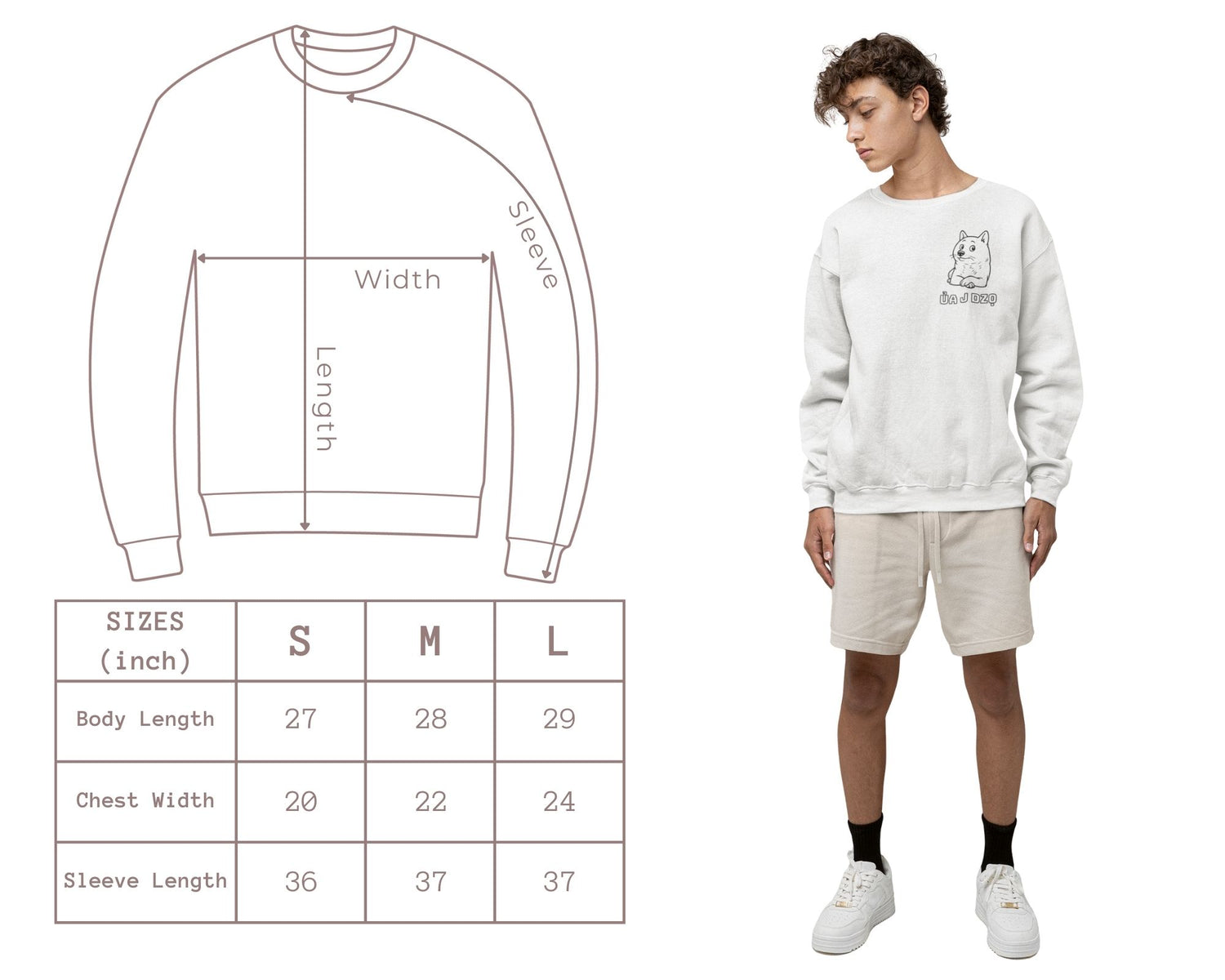 Unisex crewneck sweatshirt size guide with illustrated measurement diagram and size chart in inches for small, medium, and large, including chest width, body length, and sleeve length, displayed next to a model wearing a cozy oversized sweatshirt for casual streetwear styling.