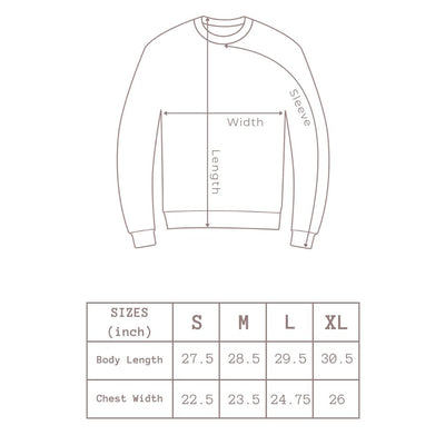 Sweater size measurement guide showing a simple line drawing of a long-sleeve top with arrows marking width and length, plus a small size chart below with body length and chest width measurements for S, M, L, and XL.
