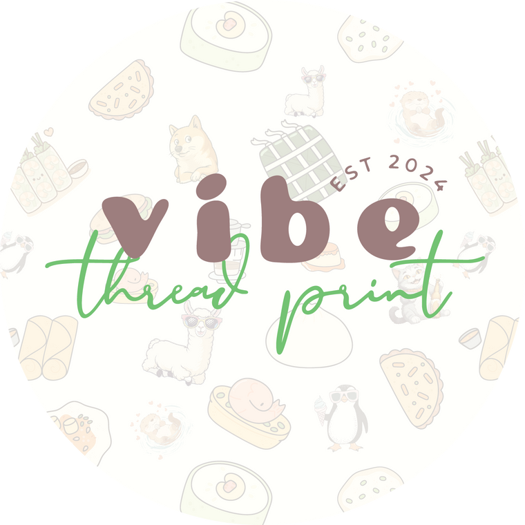 Vibe Thread Print logo with playful food and animal doodles background, kawaii apparel brand est. 2024.