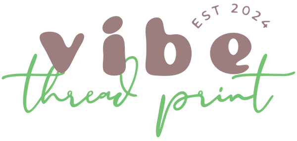 Vibe Thread Print logo in brown and green text, established 2024, minimalist design for kawaii apparel brand.