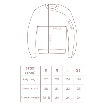 Oversized crewneck sweatshirt size chart with body length, chest width, and sleeve measurements in inches for unisex teen and young adult streetwear sizing.