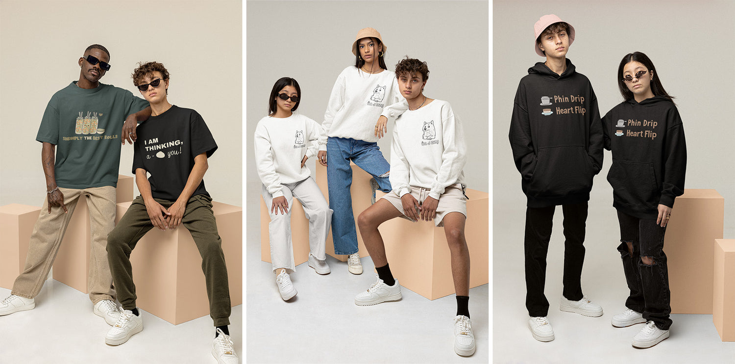 Models wearing unisex graphic streetwear apparel